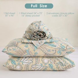 JSD Paisley Cotton Sheet Set Full Size, 300 TC Sateen Weave Teal Beige Printed Bed Sheets Extra Deep Pocket
