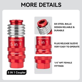 Wangsucc 5 In 1 Universal Quick Industrial Connect Coupler Air Hose Fittings 1/4” Body Size 5-in-1 Quick Connect Air Fitting Air Compressor Accessories Fitting (5 PCS)