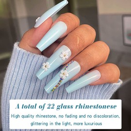 Leuhiove Black French Tip Press on Nails Long Nued Fake Nails with Green Gem Rhinestone Flash Powder Designs Glue on Nails Acrylic Artificial Nails Square Stick on Nails For Women Girls 24Pcs