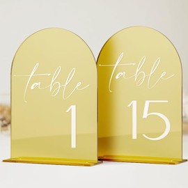 HOODO - Mesa de boda acrílica con espejo dorado números 1-15 con soportes, letrero y soporte acrílico arqueado de 5 x 7 pulgadas, números de mesa de arco de espejo dorado para recepción de boda