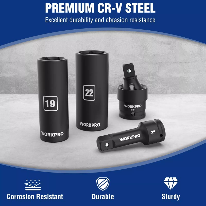 WORKPRO 20Piece 1/2''Drive Deep Impact Socket Set 6-Point Cr-V Steel