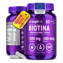 Biotina 300 mcg con Colágeno Hidrolizado 500 mg – Cápsulas Veganas para Cabello, Piel y Uñas – Suplemento Natural de Apoyo Diario – Sin OGM, Sin Gluten, Sin Azúcar – 60 Cápsulas