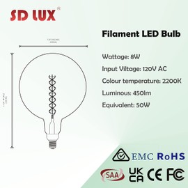 SD LUX Oversized Vintage Giant LED Light Bulb Huge Edison Bulb- Dimmable, 8W 450LM (50W Equi), G63(G200) Warm White 2200K, Medium E26 Base - Perfect for Decorative Pendant Lighting, 1 PACK(G200)