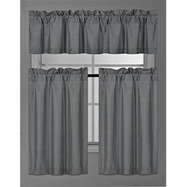 Fancy Collection 3 Piece Faux Silk Blackout Kitchen Curtain Set - Tier Curtains and Valance - Solid Dark Grey/Charcoal - Thermal Backing Drapes