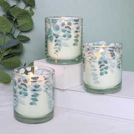 Eucalyptus Aromatherapy Candles Decorative Glass Soy Candles with Eucalyptus Leaf Design 6.5oz Long Lasting Burn Time Scented Candles, Set of 3, Green
