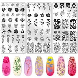 beinkmake 3Pcs Flower Nail Stamping Plate Set Tulips Roses Stainless Floral Steel Nail Stamp Templates Clear Silicone Nails Stamping with Stamper Scraper for Manicure Printing