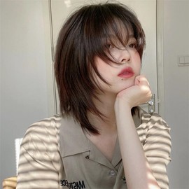 Wolf Cut Wig, Short Hair Wig, Men's Wig, Short, Full Wig, Men's Clothing, Harajuku, Handsome, Natural, Small Face, Curvy Layer, Wig, Daily Use, Net/Comb Included (Brown)