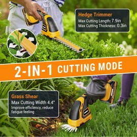 EWORK 21V Cordless Hedge Trimmer & Grass Shears 2-in-1 Handheld Small Electric Bush Trimmer with 2x2.0Ah Battery and Charger, Battery Powered Shrub Trimmer for Garden, Yard, Lawn Maintenance