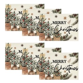 Artoid Mode Xmas Trees Holly Pine Cone Merry Christmas Placemats Set of 6, 12x18 Inch Seasonal Winter Holiday Table Mats for Party Kitchen Dining Decoration