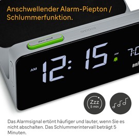 Braun Digital Alarm Clock with VA LCD Display, 10W Qi Wireless Fast Charging Pad, Automatic Backlight Adjustment, Quick Set, Beep Alarm, Grey Model BC21GEU