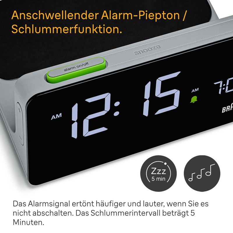 Braun Digital Alarm Clock with VA LCD Display, 10W Qi