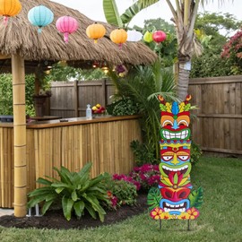hogardeck Luau Party Decorations, Metal 3 Stacked Tiki Decorative Garden Stakes for Luau Outdoor, Hawaiian Party Decorations Tiki Yard Signs for Tropical Outdoor Garden Lawn