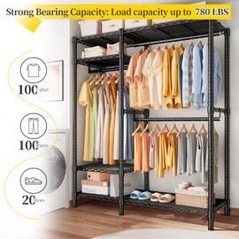 Raybee Clothes Rack Heavy Duty Loads 780LBS Clothing Racks for Hanging Clothes Adjustable Metal Portable Closet,45.5" W x 77" H x16.5 D Black