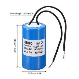PATIKIL 10uf CBB60 Run Capacitor,1Pcs AC 450V 2 Wires 50/60Hz Motor Running Capacitor 20x35.2x64.5mm for Washing Machine, Cleaning Machine Pump Motor Star, Blue