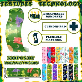 Estune 600 Pcs Bulk Kids Bandages Dinosaur 15 Styles Fun Children's Adhesive Bandages Colorful PE Flexible Bandages Cartoon Bandages for Kids Boys Girls Students