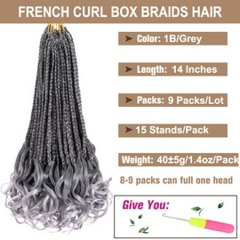 COOKOO 9 Packs French Curl Crochet Braids 14 Inch Pre Looped French Curl Braiding hair for Black Women Ombre Grey Braiding Hair with Bouncy Curly Ends Loose Wavy Synthetic Hair Extensions 1B/Grey#
