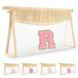 Bolsa de maquillaje con inicial personalizada, bolsa de maquillaje transparente con pajilla, pequeña y bonita bolsa de chenilla con cierre, bolsa de aseo de viaje de PVC impermeable, bolsa de