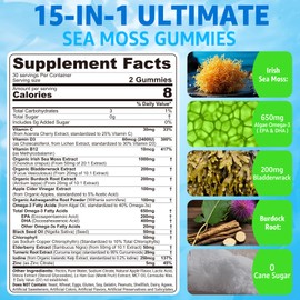 Sea Moss Gummies + Omega-3 Vegan Supplement for Man Women, Organic Irish Seamoss Superfood w/Black Seed Oil, Ashwagandha, Burdock Root, Bladderwrack, B12 for Energy, Brain, Immunity, Sugar Free 120Cts