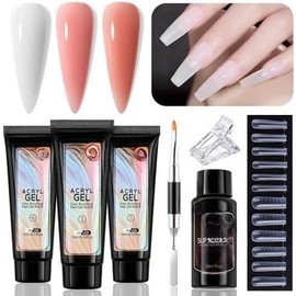 Poly Extension Gel  Kit, White Nude Pink Builder Gel  Enhancement Gel with Slip Solution Dual-Ended Brush,  Dual Forms for Polygel  Art Salon DIY at Home Beginner Kit