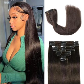 Clip in Hair Extensions Real Human Hair Clip ins 100% Human Hair Extension for Women Clip in Extensions 8pcs Per Set with 18 Clips Double Weft (22 Inch 90g #2 Dark Brown)