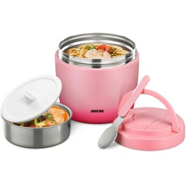 Itslife Thermal Food Container 970 ml, Thermal Bowl with Lid, Stainless Steel Warming Container with Spoon, Thermos Flask Food Leak-Proof, Thermal Lunch Box for Soups, Baby Food, Porridge, Pink
