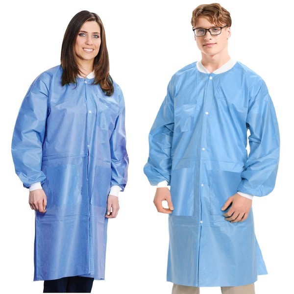 MEDICAL NATION Case of 50 Disposable Lab Coats - Blue - Durable SMS Knee Length Lab Coat Unisex, Comfortable and Easy to Wear Labcoat, For Hospitals, Pharmacies, Laboratories, Dental Clinics - MEDIUM
