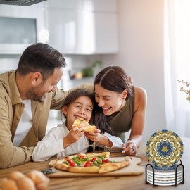 Mandala Set of 6 Coasters for Drinks Absorbing Round Ceramic Stone Coaster with Cork Base,Tabletop Protection Mat for Mugs and Cups,Office,Kitchen