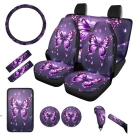 BIGCARJOB Butterfly Print Car Seat Cover Set of 12 Pieces Purple Butterfly Car Accessories Set with Seat Belt Cover,Armrest Pads,Cup Holder Coaster,Universal Steering Wheel Covers