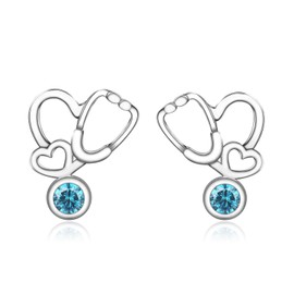 Birthstone Nurse Stethoscope Stud Earrings 925 Sterling Silver Medical Assistant Gift for Women Registered Nurse Doctor 12 Month Birthstone Stethoscope Stud Earrings Medical Student Graduation Birthday Jewelry Gift Nurse Week Jewelry Gifts (March)