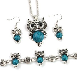 3PCS Retro Owl Jewelry Set Bohemian Turquoise Owl Necklace Earring Bracelet Set Red/Blue/Black/Pink/Purple Crystal Owl Set Owl Pendant Necklace Owl Drop Dangle Earrings Owl Bracelet Set for Women (Purple)
