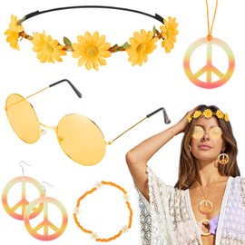 6PCS Hippie Costume Accessories Set, 60s70s Retro Hippie Glasses Peace Sign Earrings and Necklace Sunflower Hair Band(Sunny Orange)