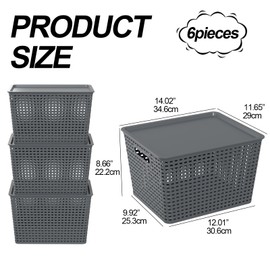Qskely 6-Pack Large Plastic Storage Baskets with Lid, Gray