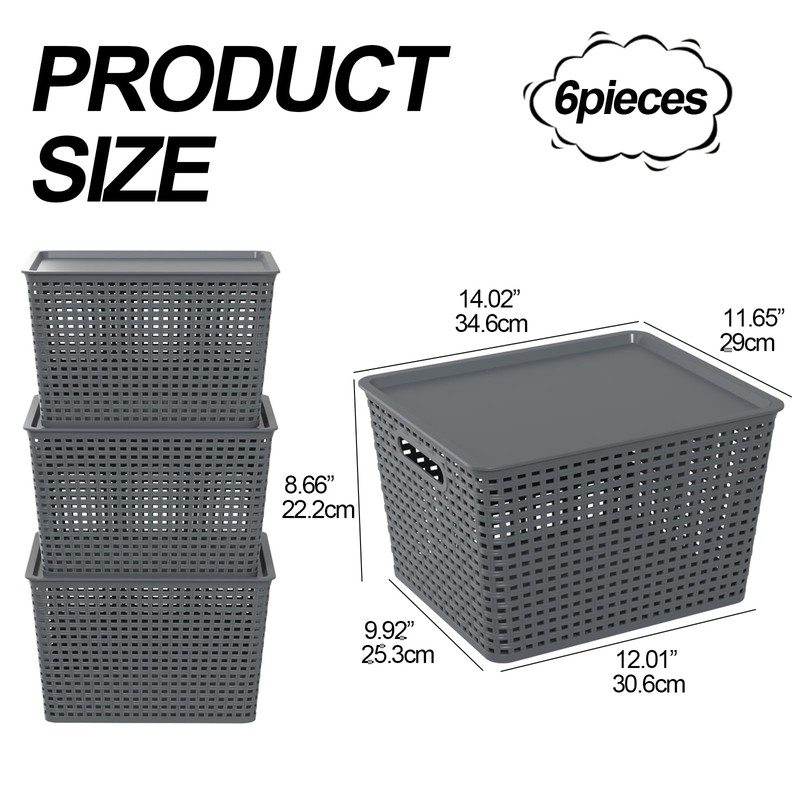 Qskely 6-Pack Large Plastic Storage Baskets with Lid, Gray