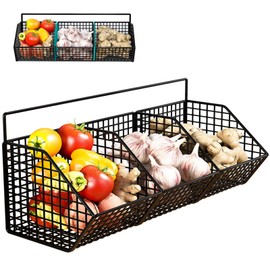 DXQCHDUO Metal Hanging Fruit Basket for Kitchen Wall, 3 Grids, Metal Wire Fruit and Vegetable Baskets, Bathroom Wall Storage Basket, Rust Resistant, Sturdy Fruit and Vegetable Baskets (Black)
