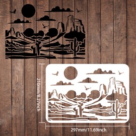 FINGERINSPIRE Desert View Stencils - 11.7x8.3 inch Plastic Gobi Desert Drawing Painting Stencils with Cactus, Sun, Birds Patterns for Wall, Floor, Wood, Tile