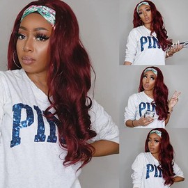 Long Wavy Headband Wigs for White Women, Glueless Wear and Go Half Wig, Natural Looking Synthetic Hair Wig with Headband Attached Heat Resistant (99J)