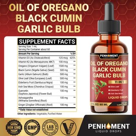PENHOMENT 11in1 Oil of Oregano Drops with Vitamin D3 & K2, Garlic, Olive Leaf, Black Cumin, Elderberry, Sea Moss, Ashwagandha & Ginger - Immune Support - 2 Fl Oz - 60 Days
