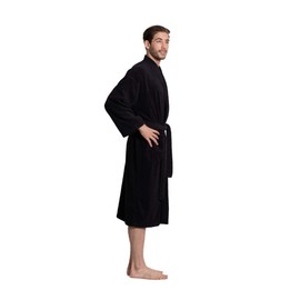 Turkuoise Men's Terry Cloth Turkish Cotton Kimono Collar Robe, Black, One Size