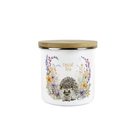 Purely Home Floral Hedgehog Decaf Tea Storage Canister - Pretty Wildlife Creatures & Foliage Homewares Gifts - White Metal Enamel Medium Sized Kitchen Food/Drinks Storage Container