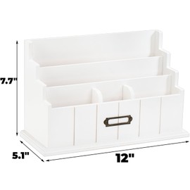 Pumtus 3-Tier Wooden Mail Organizer, Countertop Desk Organizer, White Wood Bill Organizer, Rustic File Paper Holder, Workspace Desktop Mail Sorter for Pen, Notebooks, Office Supplies