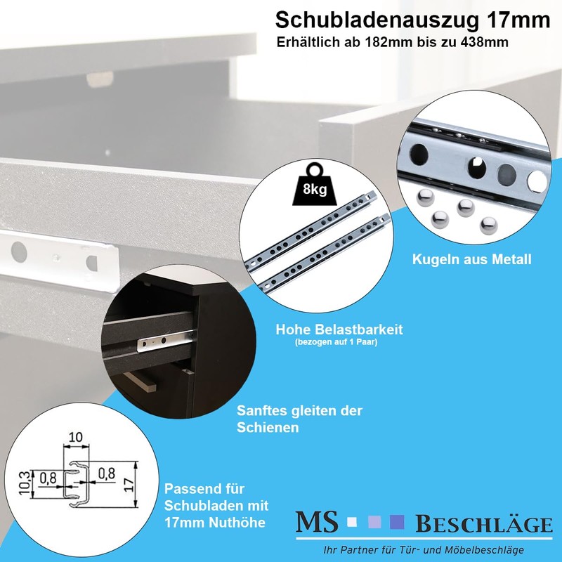 MS Beschläge Partial Extension Drawer Extension, Telescopic Extension, 17 mm,