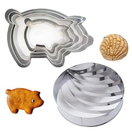Heluok 4 Inch Concha Cutter Mexican Bread Mold with 5 Sizes Piggy Cookie Cutters, Stainless Steel Molde Para Hacer Conchas De Pan, Metal Concha Shell Stamp and Pig Cookie Cutter Set