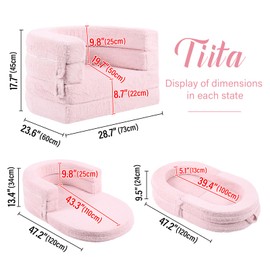 Tiita 3-in-1 Kids Sofa Bed, Comfy Kids Couch Plush Toddler Chair Bed, Convertible Toddler Travel Beds, Folding Kids Couch with Washable Cover Carrying Handle for Girls and Boys