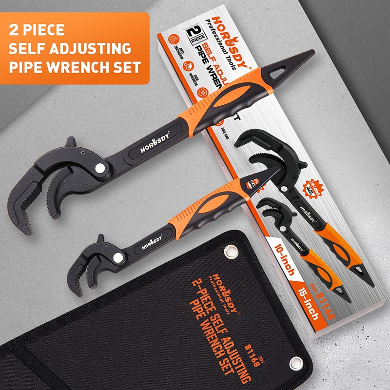 HORUSDY Heavy Duty Pipe Wrench Set, 10” and 15” Self-Adjusting