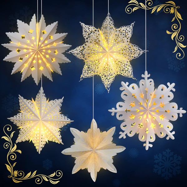 Mudder 5 Pieces Christmas Snowflake Paper Lantern with 7 Light Star Lamp Frozen Party Hanging Decoration for Weddings Trees Birthday Holiday Celebration (CL-TOOLS-C9875)