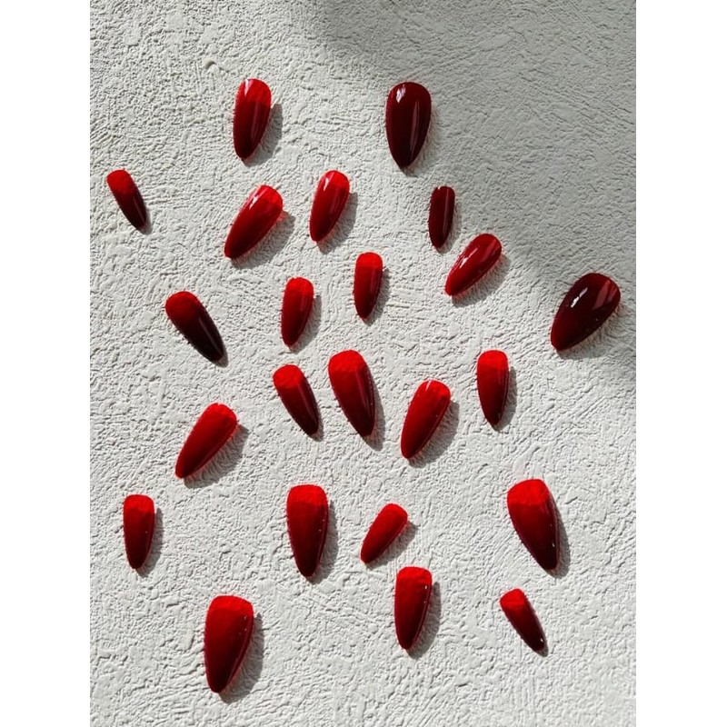 24-Piece Long Almond Shape Press-On Nails, Glossy Bright Red, False