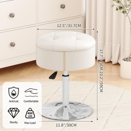 ACEQLYT Adjustable Vanity Stool with Storage, Modern White Leather Vanity Chair for Makeup Room Bedroom, 360°Swivel Makeup Chair, Sturdy, Rust-Resistant and Easy to Assemble Round Ottoman