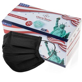 Liberty Masks [50-Pack] Made in USA | Black | 3 Ply Disposable Face Masks | Adjustable Nose Wire | Breathable Face Covering | Lightweight | Soft Elastic Ear Loops