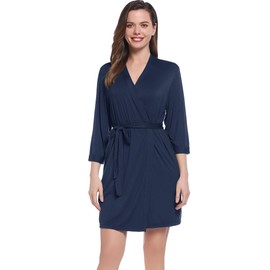 Amorbella Women Shower Robe Ultra Soft Bamboo Bathrobe Short Sleeve Dressing Gown(Navy Blue,Large)