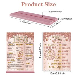 Bumqviy Bumqviy Happy 75th Birthday Decorations Back in 1950 Table Sign for Women, Pink Rose Gold 75 & Fabulous Birthday Two-Sided Wooden Poster with Stand, 75 Year Old Birthday Gift Party Supplies